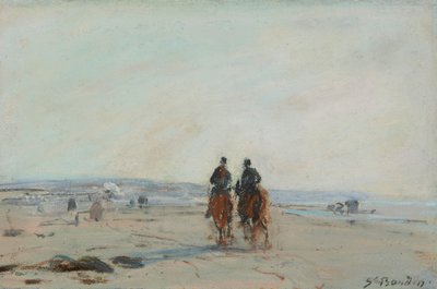 海滩上的两个骑兵，约1864年-68年（在纸上涂上蜡纸，放在纸上） 作者 尤金·路易斯·布丁