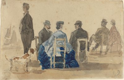 女士们和先生们带着一只狗坐在海滩上，1866年。 作者 尤金·路易斯·布丁