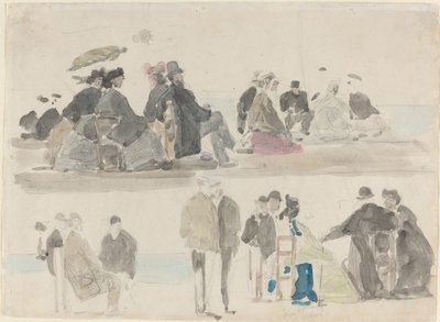 海滩上的女士们和先生们，在两个登记簿中，约1865年。 作者 尤金·路易斯·布丁