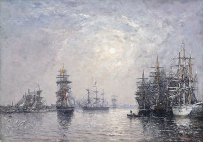勒阿弗尔，厄尔盆地，帆船在锚点，日落；勒阿弗尔（Bassin de l Eure）的“勒阿弗尔（EHär）”帆船，索雷尔（Seilil）Couchant船锚，1870年 作者 尤金·路易斯·布丁