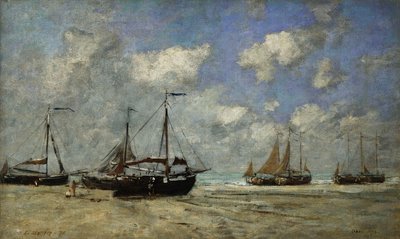 Scheveningen，船在岸上搁浅；席凡宁根，格雷夫河畔贝特奥回声，1875年 作者 尤金·路易斯·布丁
