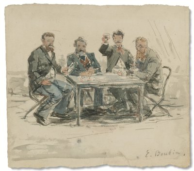 在圣西蒙农场（Jongkind、Émile van Marcke、克劳德·莫奈和“阿查德之父”），c。 1867 年（纸本水彩和铅笔） 作者 尤金·路易斯·布丁