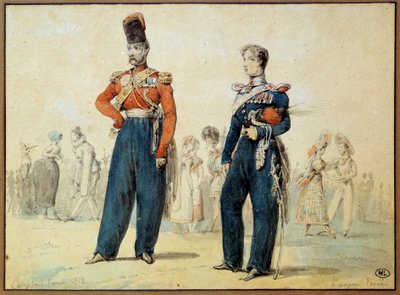 球服：两名身穿军装的男子。 尤金·路易斯·拉米（Eugene Louis Lami，1800-1890）的绘画，19 世纪巴黎，卢浮宫博物馆 作者 尤金·路易斯·拉米