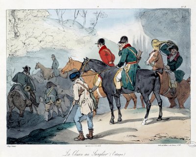Boar hunting. Illustration of the book “La vie de chateau””. Engraving by Eugene Louis Lami (1800-1890) 作者 尤金·路易斯·拉米