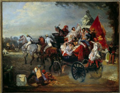 1834 年巴黎协和广场的狂欢节场景。 尤金·路易斯·拉米 (Eugene Louis Lami) 的绘画 (1800 - 1890) 作者 尤金·路易斯·拉米