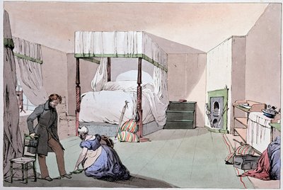 旅馆：一个仆人帮助顾客穿鞋。尤金-路易斯-拉米（1800-1890）的插图，19世纪中期 作者 尤金·路易斯·拉米
