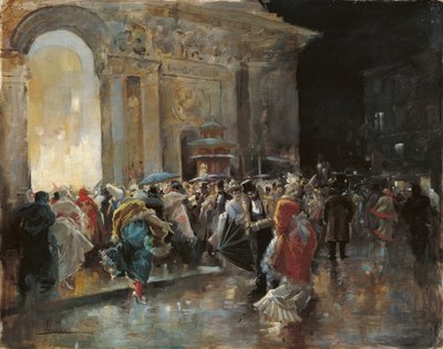 在化装舞会之夜到达剧院 - 卢卡斯·维拉米尔，欧金尼奥 (1858-1919) - c. 1895 - 木板上的油 - 31x40 - 卡门蒂森博物馆，马拉加 作者 Eugenio Lucas Villaamil