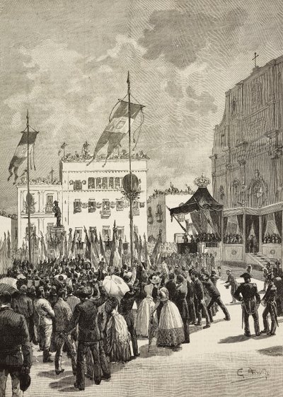 意大利第一位国王维克托·伊曼纽尔二世（Victor Emmanuel II，1820-1878 年）纪念碑揭幕，意大利国王翁贝托一世（Umberto I，1844-1900 年）在场，尤金尼奥·马卡尼亚尼（Eugenio Maccagnani，1852-1930 年）的雕像，意大利莱切 作者 尤金尼奥·马卡尼亚尼