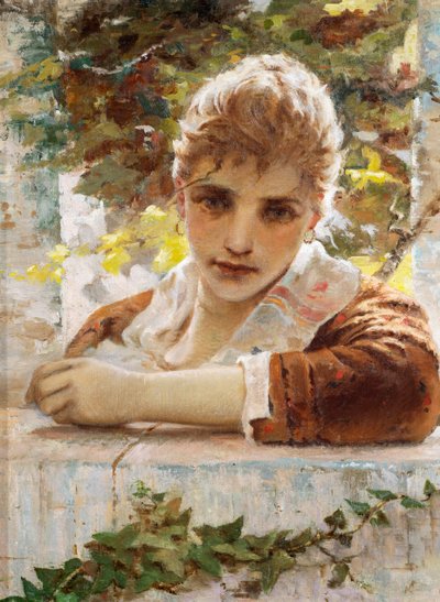 门廊上的女人，尤金尼奥-普拉蒂（1842-1907 年） 作者 Eugenio Prati