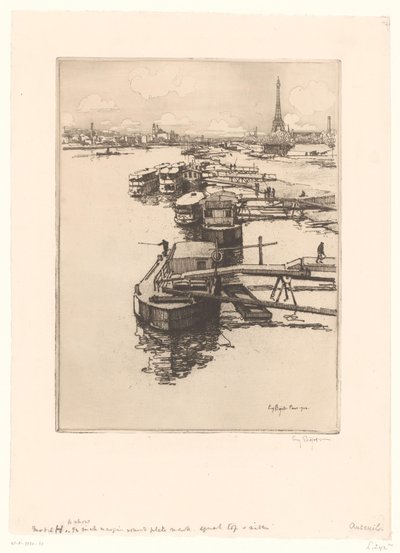 巴黎有杂货船的码头，背景是埃菲尔铁塔 作者 Eugène Bejot（艺术家签名）
