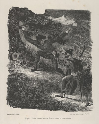 浮士德和梅菲斯特在哈茨山脉 歌德，《浮士德》，1825-27., 1825-27. 作者 尤金·德拉克洛瓦