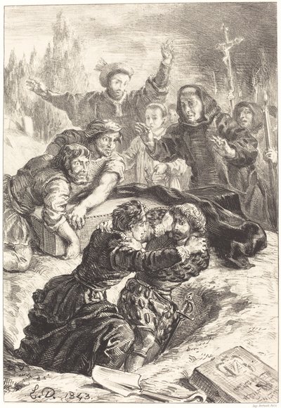 哈姆雷特和拉埃斯在奥菲利亚的墓前（第五幕，第一场） 作者 Eugène Delacroix