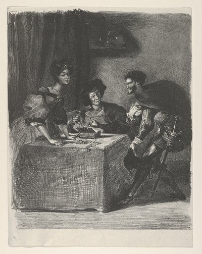 梅菲斯特向玛莎介绍自己 歌德，《浮士德》，1825-27., 1825-27. 作者 尤金·德拉克洛瓦