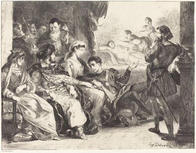 扮演哈姆雷特父亲中毒的演员，第三幕第二场，1835年。 作者 尤金·德拉克洛瓦