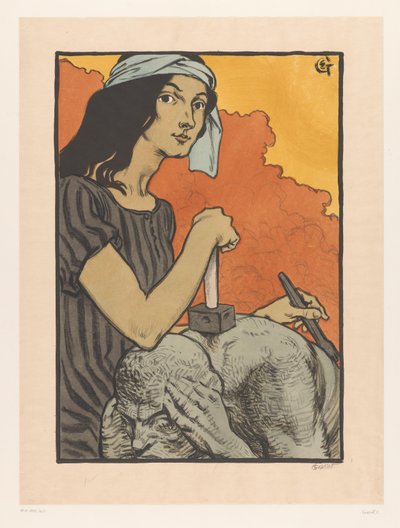 女雕塑家用凿子和锤子制作雕塑
雕塑》（原标题） 作者 Eugene Grasset（艺术家签名）