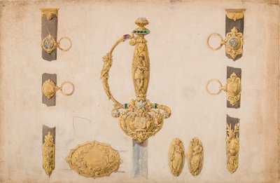 剑柄、剑鞘和皮带配件的设计，约1840-50年。 作者 尤金·朱利安。