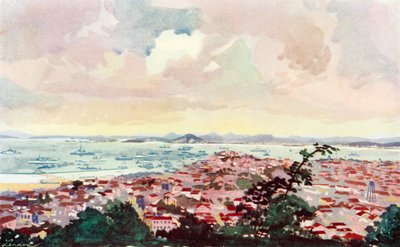 里约和海湾的景色，显示沃克先生正在建造的码头围墙以及现在填海的区域（彩色石版印刷）。 作者 欧洲学校
