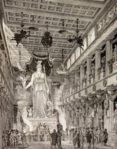 艺术家对古典时期雅典帕台农神庙女神雅典娜雕像的印象，来自&39;El Mundo Ilustrado&39;，1880年出版巴塞罗那（版画） 作者 欧洲学校