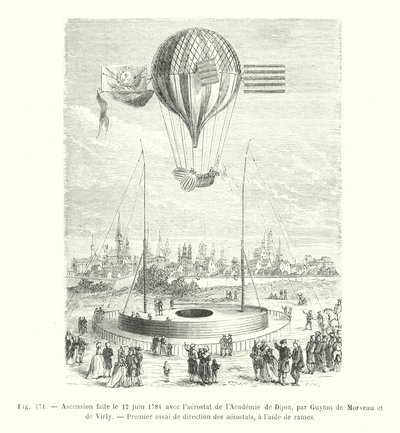 1784年6月12日由Guyton de Morveau和de Virly使用第戎学院的航空器进行的升空，这是航空器在桨的帮助下进行的第一次方向测试（雕刻）。 作者 欧洲学校