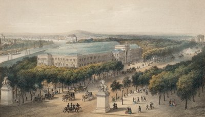 香榭丽舍大街和工业宫，为 1855 年法国巴黎万国博览会而建（彩色石版画） 作者 欧洲学校