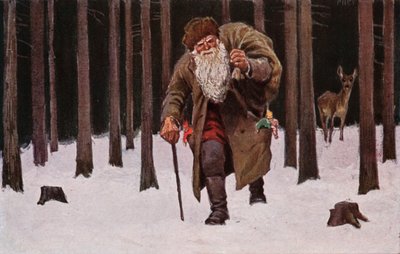 圣诞卡，圣诞老人带着一袋礼物在雪地里跋涉，背景是鹿（彩色石版印刷） 作者 欧洲学校