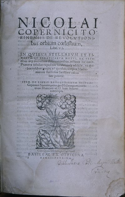 来自Nicholaus Copernicus的第二版De Revolutionibus Orbium Coelestium的正面（印刷书籍） 作者 欧洲学校