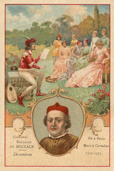 Giovanni Boccaccio，意大利作家和诗人，以及Decameron的一幕 作者 欧洲学校