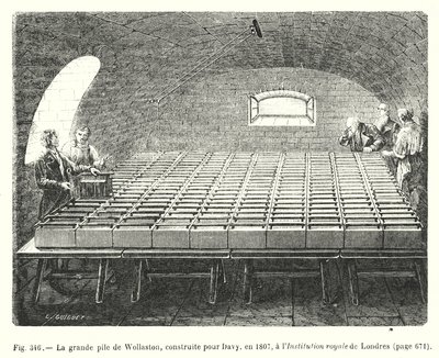 1807 年在伦敦皇家学院为戴维建造的沃拉斯顿大桩（雕刻） 作者 欧洲学校