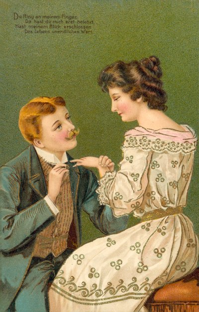 男子向一名年轻女子求婚，即将为她戴上戒指（彩色石版画） 作者 欧洲学校