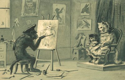 猴子画猫和小猫的肖像（石版画） 作者 欧洲学校