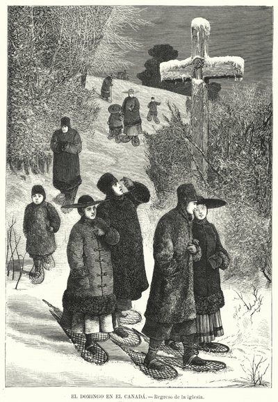 加拿大周日从教堂返回的穿着雪鞋的人们（石版画） 作者 欧洲学校