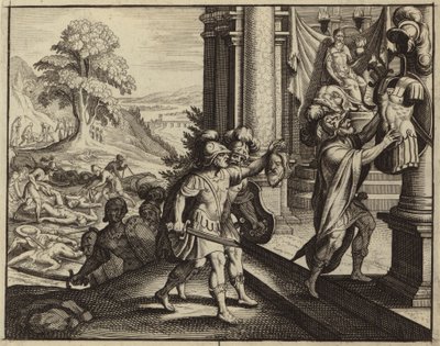 非利士人将扫罗的头颅放在他们的大衮神庙中（雕刻） 作者 European School