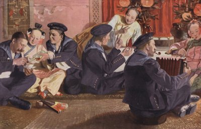 中国茶馆里的水手（彩色石版画） 作者 欧洲学校