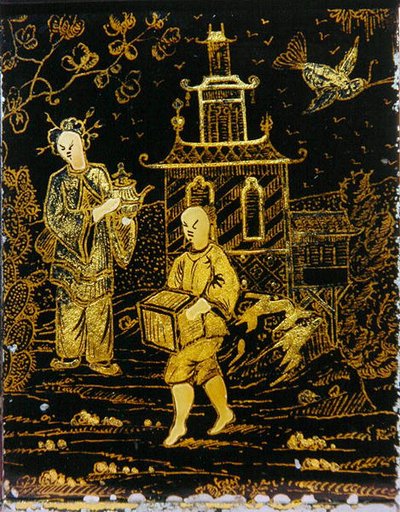 中国风格的茶叶罐，描绘了一个搬运工和一位女士携带的茶壶（金属）。 作者 欧洲学校