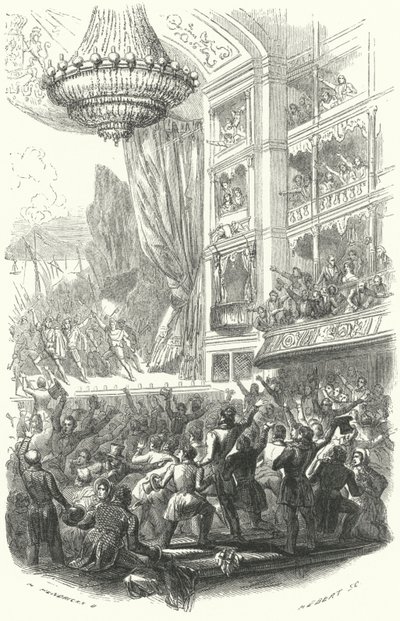 比利时革命的开始：1830 年 8 月 25 日在布鲁塞尔蒙奈剧院 (Theatre de la Monnaie) 上演丹尼尔·奥伯 (Daniel Auber) 的歌剧 La Muette de Porcini (雕刻) 作者 欧洲学校