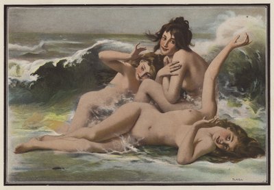 浪花中的三个女人（彩色石版画） 作者 欧洲学校