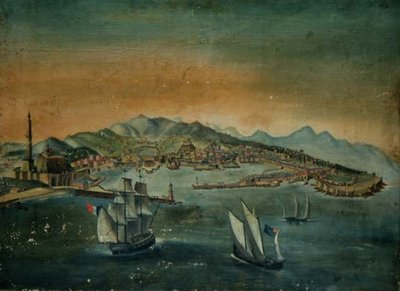 海角上有灯塔的港口景观，约1800年 作者 欧洲学校