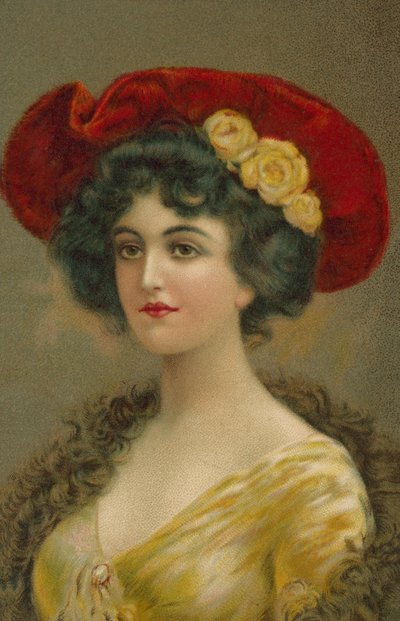 戴爱德华时代帽子的女人（彩色石版印刷） 作者 欧洲学校