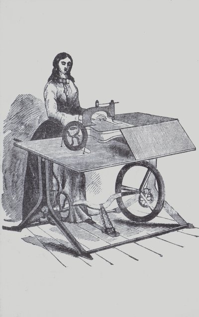 Woman using a sewing machine (litho) 作者 欧洲学校