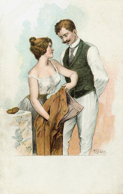 女人用她的女性智慧从男人的口袋里掏钱（彩色石版画） 作者 欧洲学校