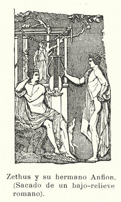 Zethus 和 Amphion，宙斯的孪生儿子，罗马浅浮雕（石版画） 作者 欧洲学校