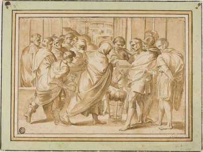 罗马历史场景，身披帷幔的人物向统治者赠书 作者 Eustache Le Sueur