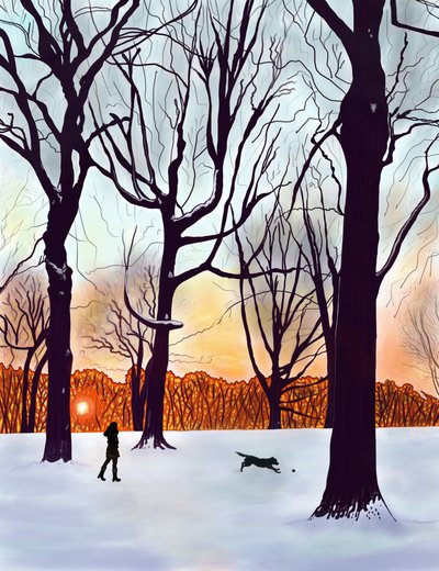 雪中之狗，布鲁克林（数字艺术） 作者 埃文·斯克拉