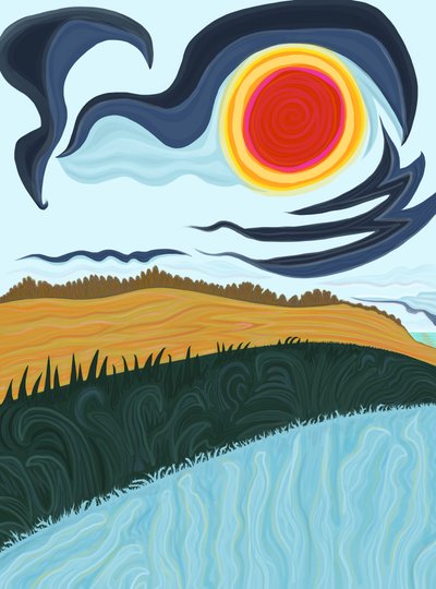 海滨的田野、草地和天空（数字艺术） 作者 埃文·斯克拉