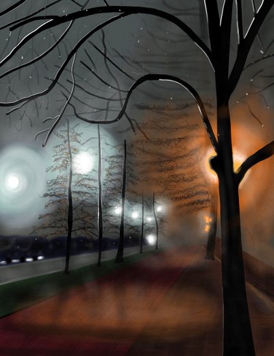 夜雾，布鲁克林展望公园（数字艺术） 作者 埃文·斯克拉