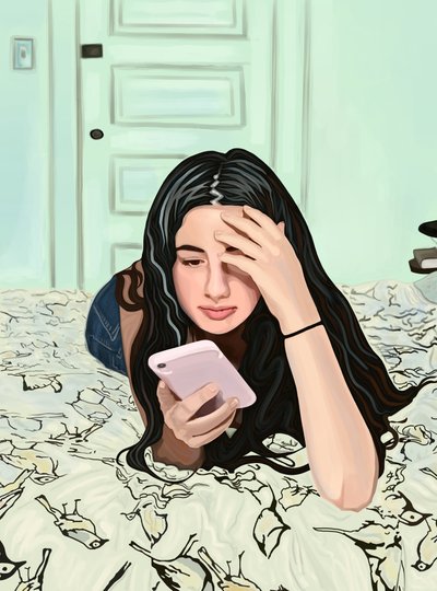 躺在床上看智能手机的女孩（数字艺术） 作者 埃文·斯克拉
