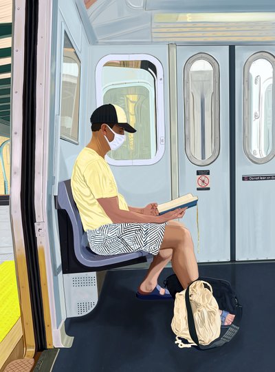 穿着脱衣舞短裤的男子在地铁上看书，约 2020-24 年（数字艺术） 作者 埃文·斯克拉