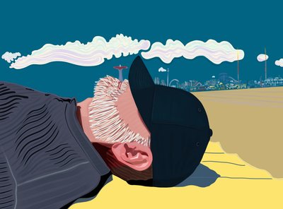 科尼岛海滩上留胡子的男人（数字艺术） 作者 埃文·斯克拉