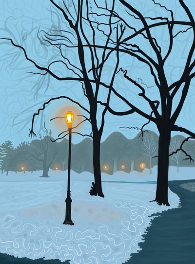 一滩融雪中倒映的树，布鲁克林（数字艺术） 作者 埃文·斯克拉