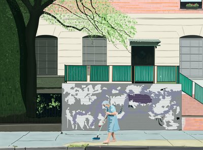 扫人行道的妇女，布鲁克林（数字艺术） 作者 埃文·斯克拉